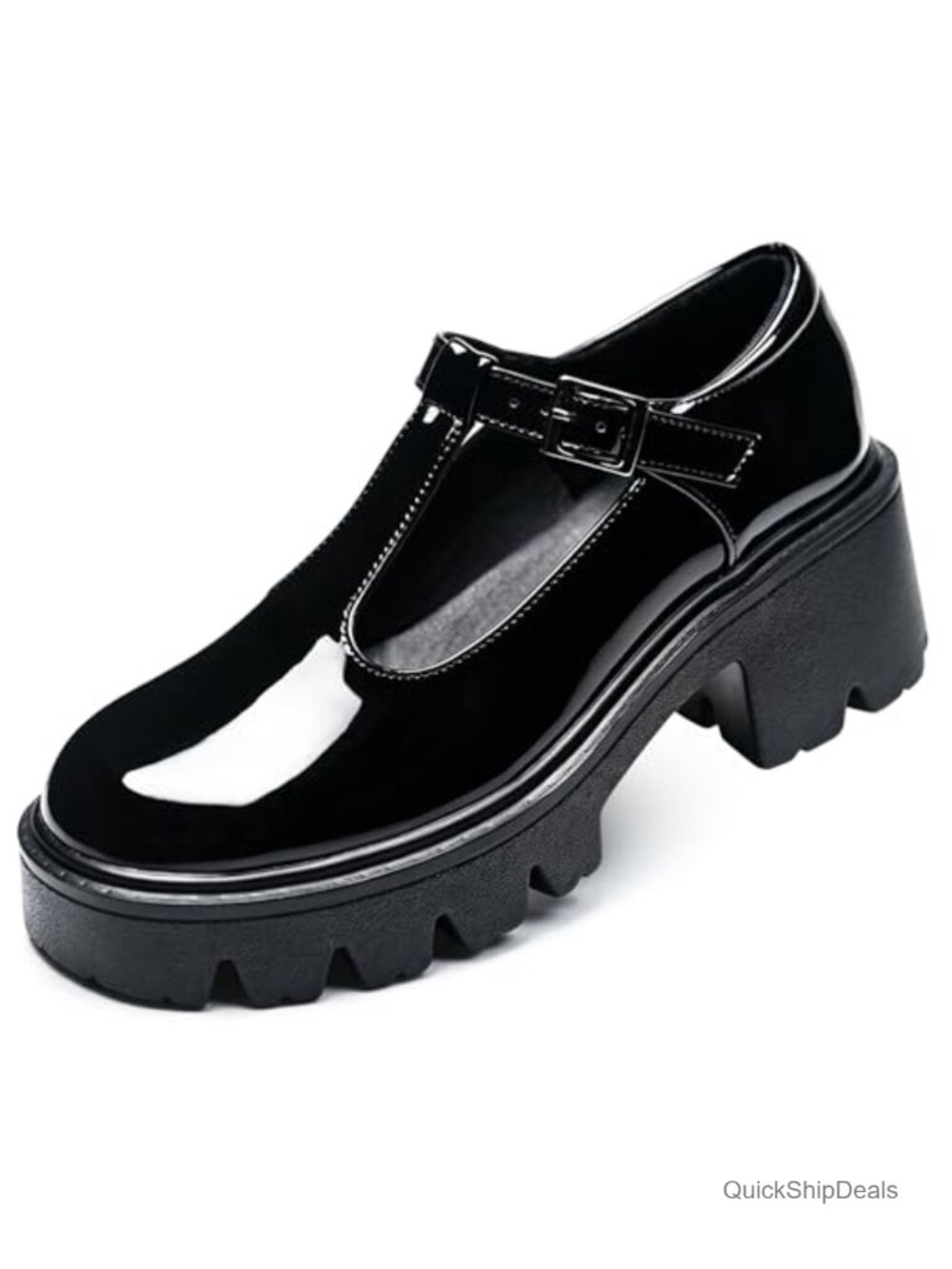 Women's T-Strap Mary Jane Pumps, Round Toe Block Heel Platform Patent Leather